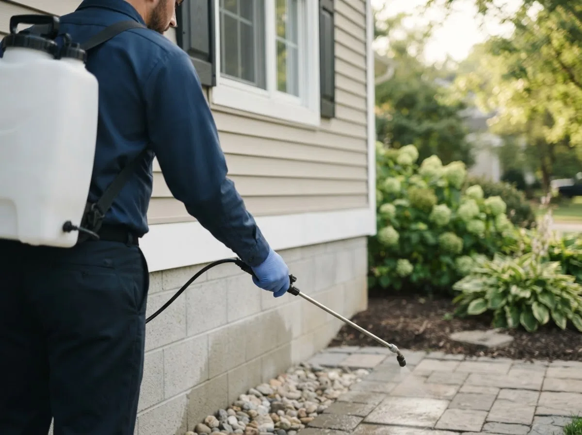 Pest control technician inspecting a home in Shobonier, IL